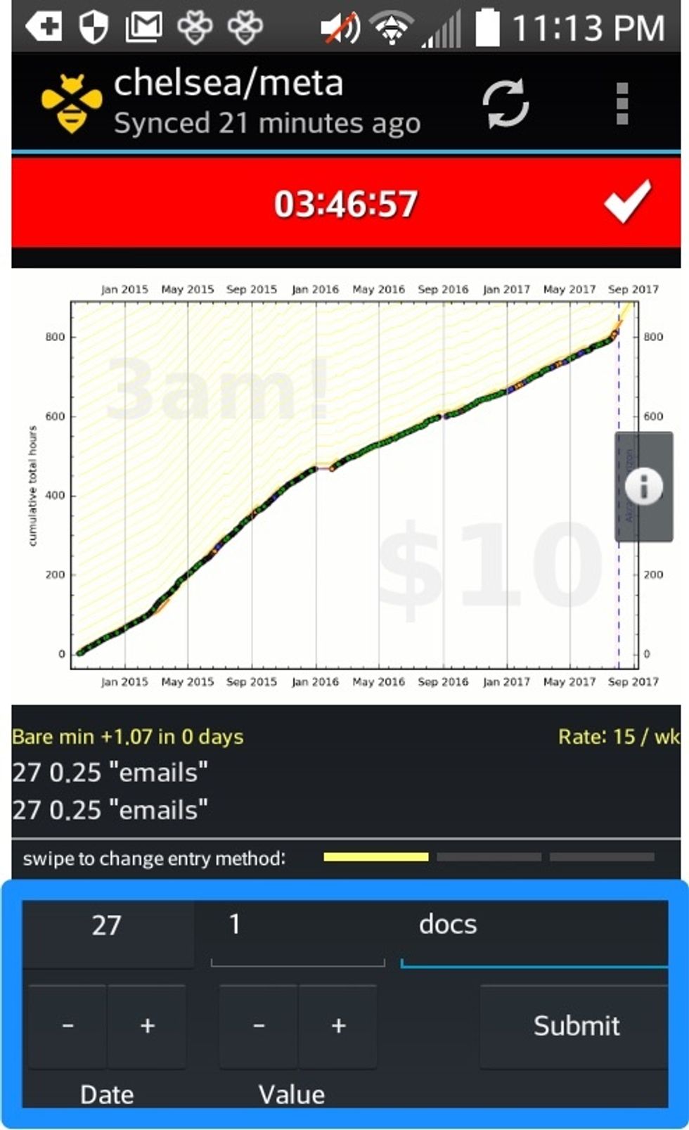 A screen of a graph increasing and showing the time of three hours, 46 minutes and 57 seconds