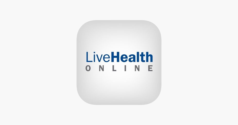 A square white logo that reads "LiveHealth Online"