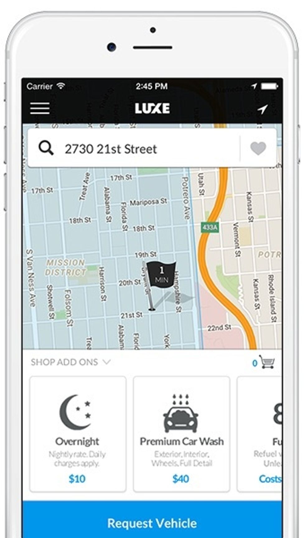 A screenshot of the Luxe app, showing an address where to pick up a car and what service, like parking, is being requested