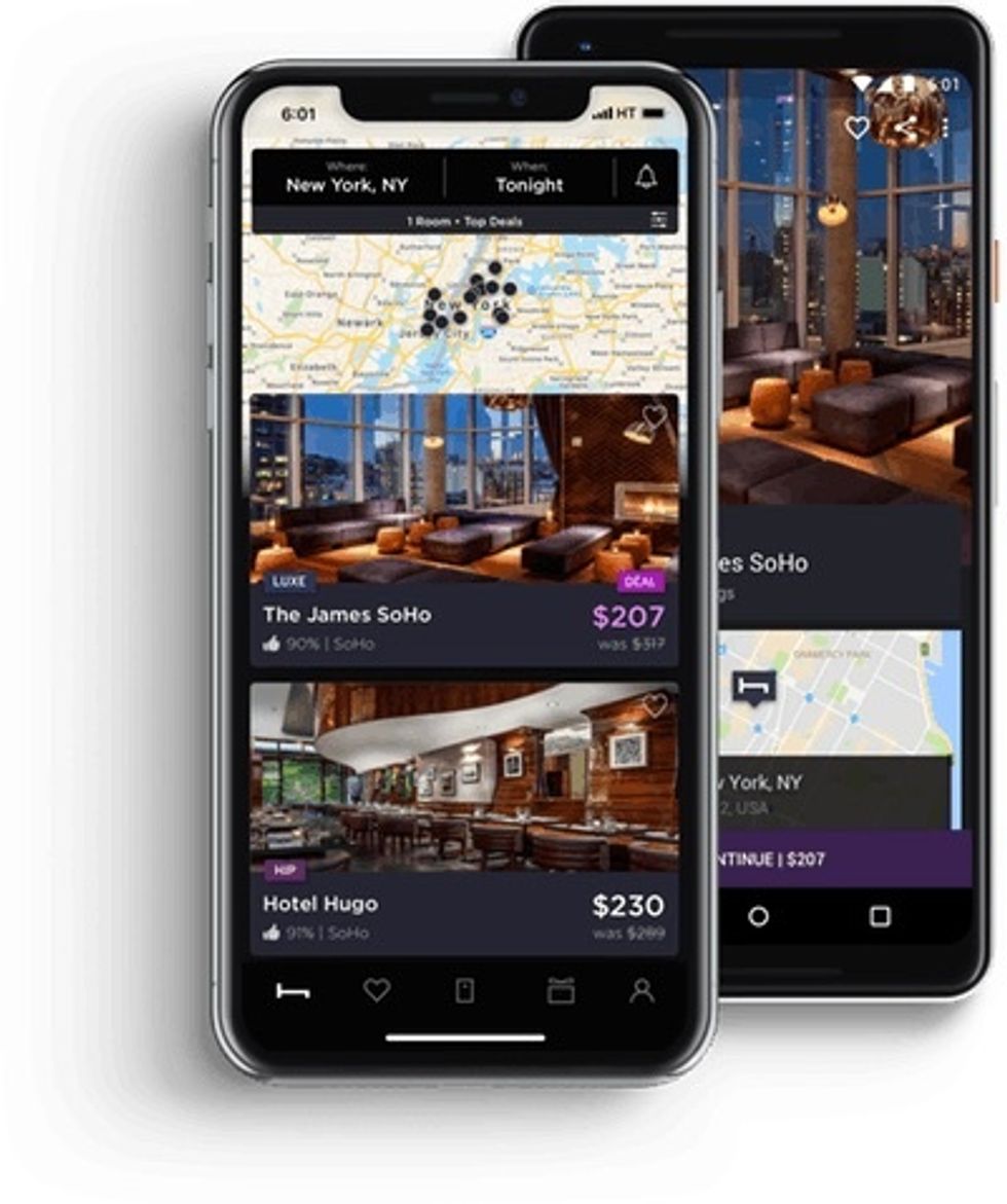 Screenshot of the HotelTonight app with rooms listed for New York City