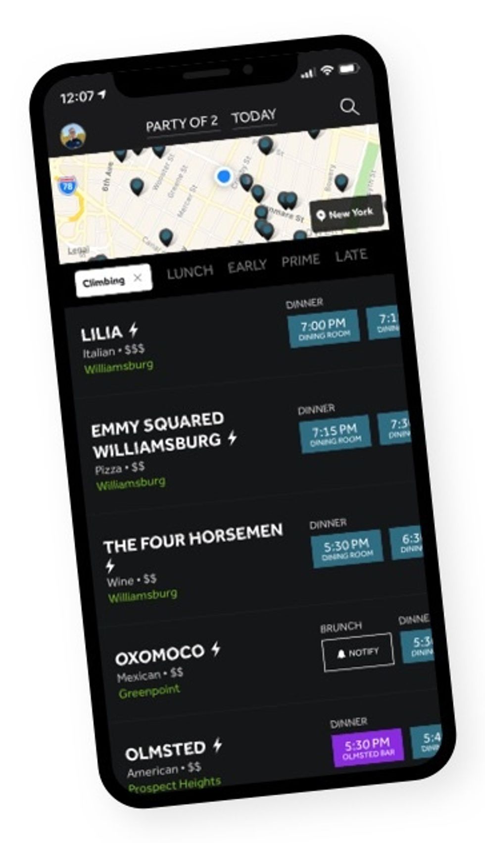 A screenshot of Resy on an iPhone X, showing restaurant reservations in Williamsburg