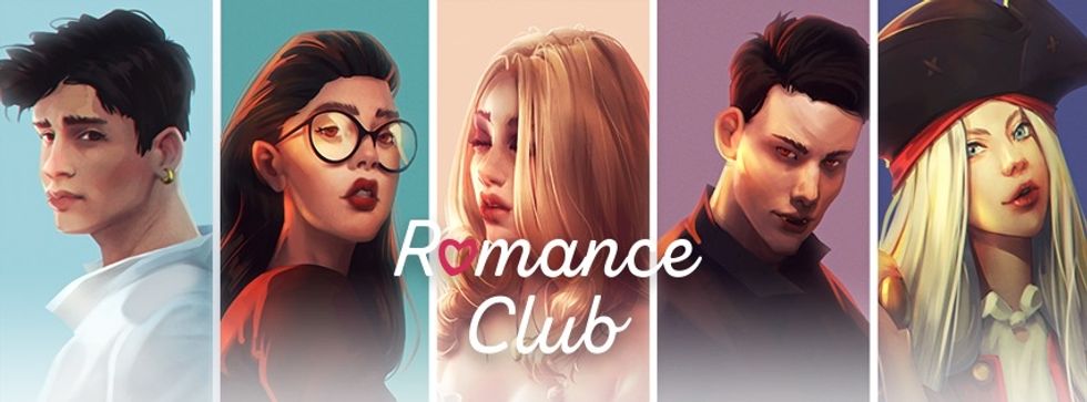 Cartoon imagery of men and women in costumes with the words, "Romance Club" written over their images
