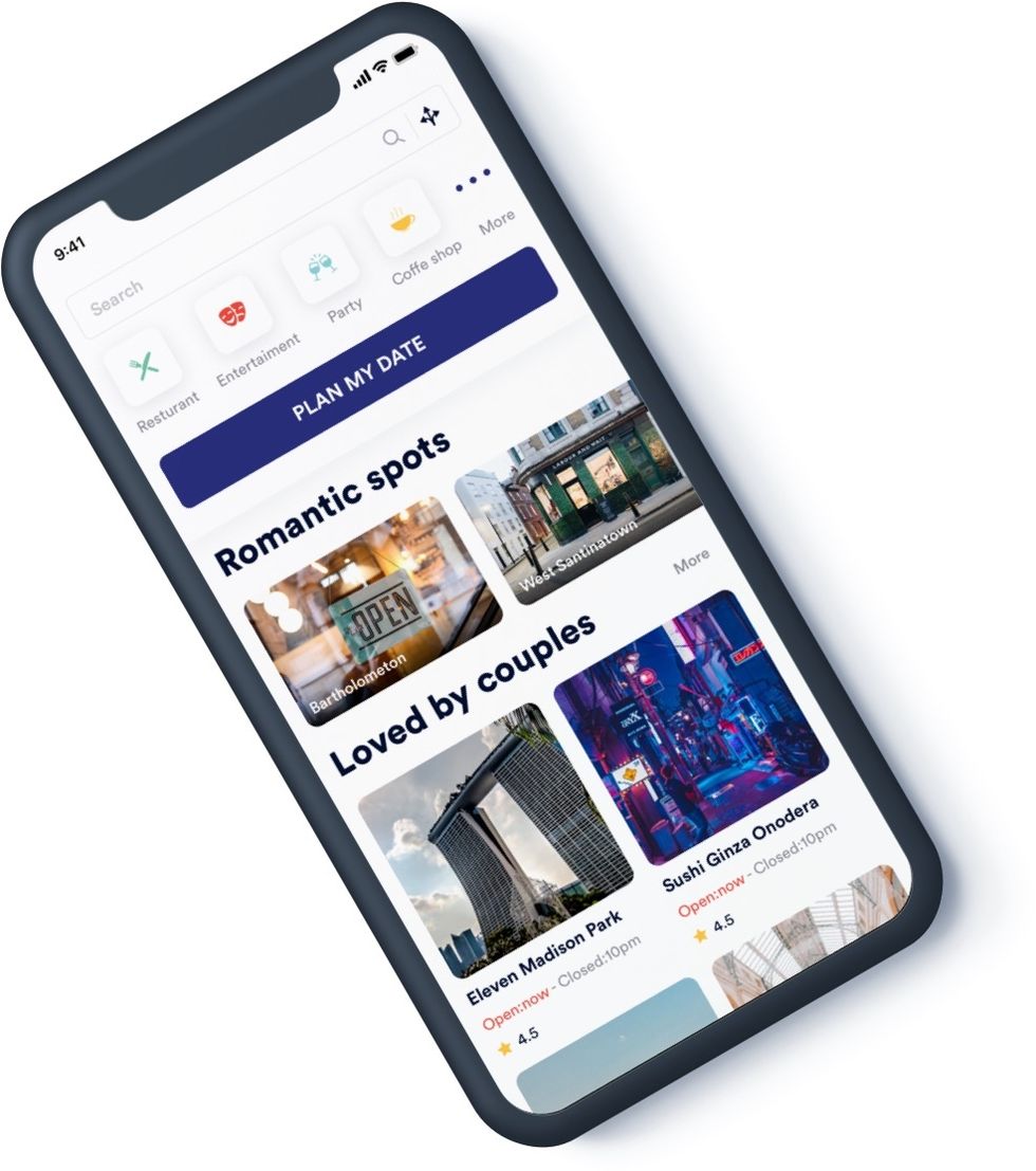 A screenshot of the app Happily Datebox on an iPhone X, showing images of restaurants with the words, "Romantic spots" and "Loved by couples" written above the photos