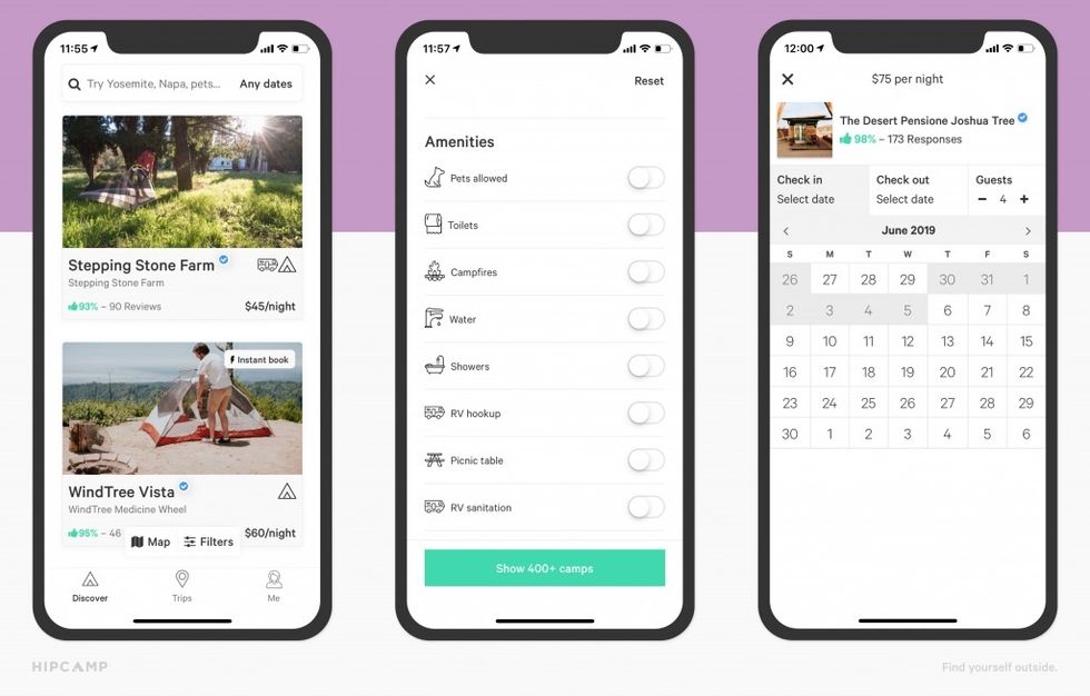 Three iPhones with images screenshots of camping sites, filters for amenities and a calendar