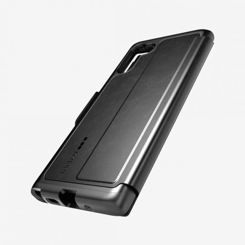 A metal smartphone case in black with a cutout for the camera