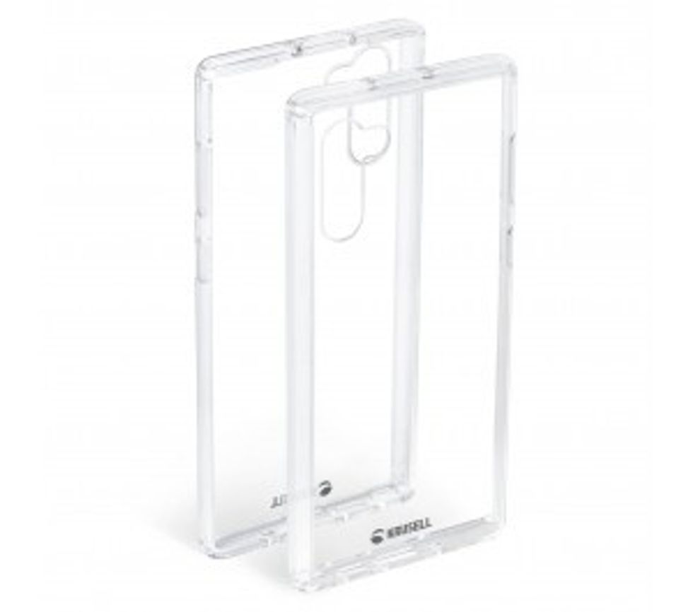 A clear plastic smartphone case with a cut out at the top