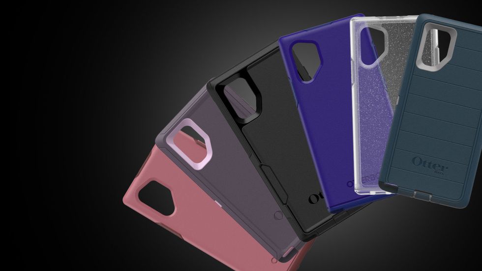 A fan of smartphone covers in pink, gray, black, purple and clear