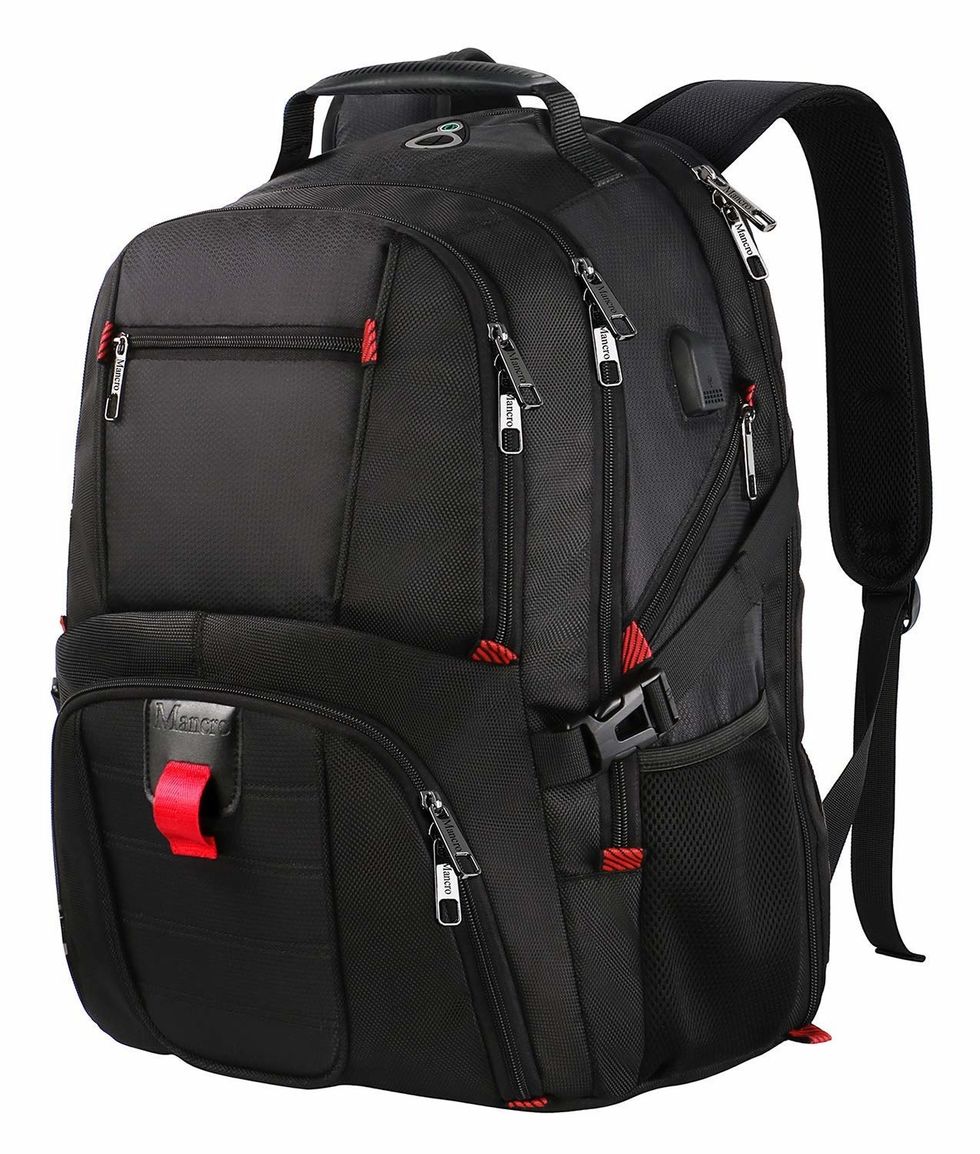 A black backpack with red tabs along the pockets