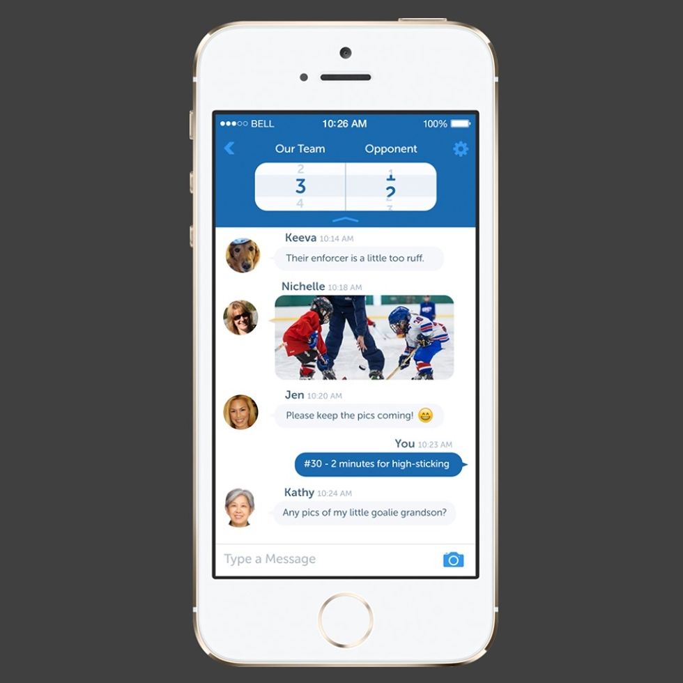 A smartphone with text messages visible, photos of kids playing hockey and a score at the top of the screen