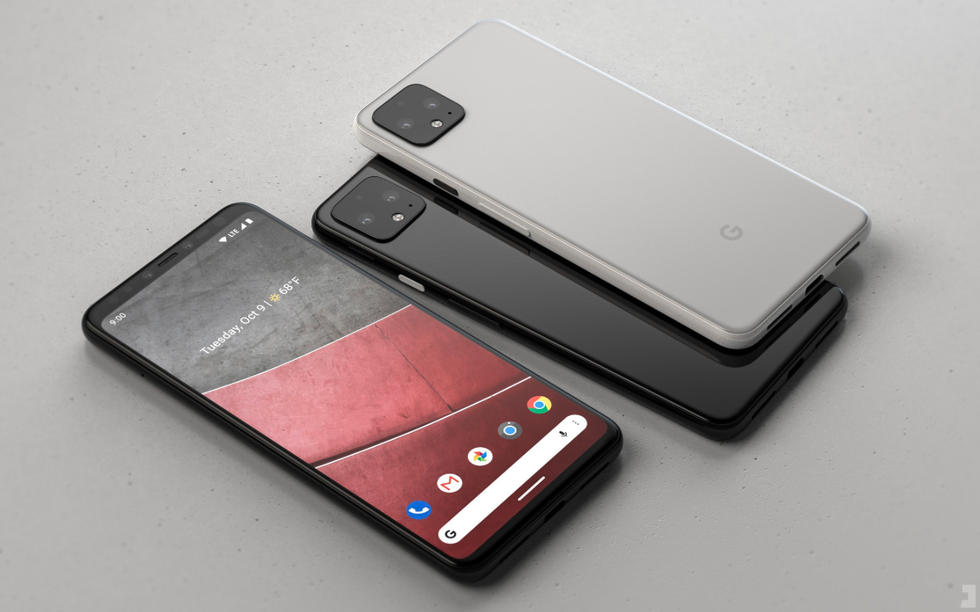 Three smartphones sitting on a shelf