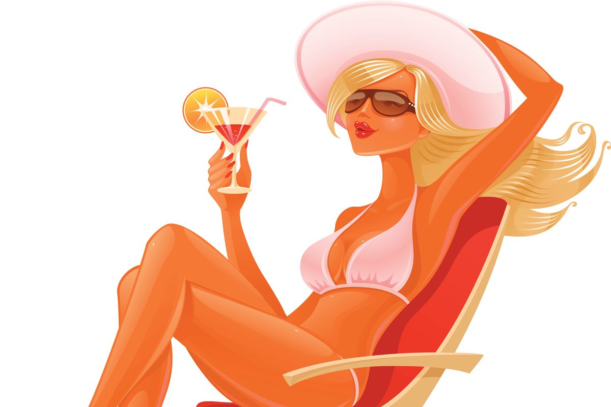 cartoon woman in a bikini sips a cocktail in a big sun hat