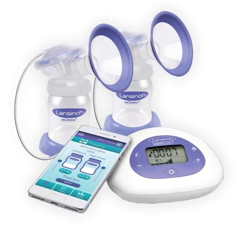 A photo of a breast pump in purple and white and a smartphone app