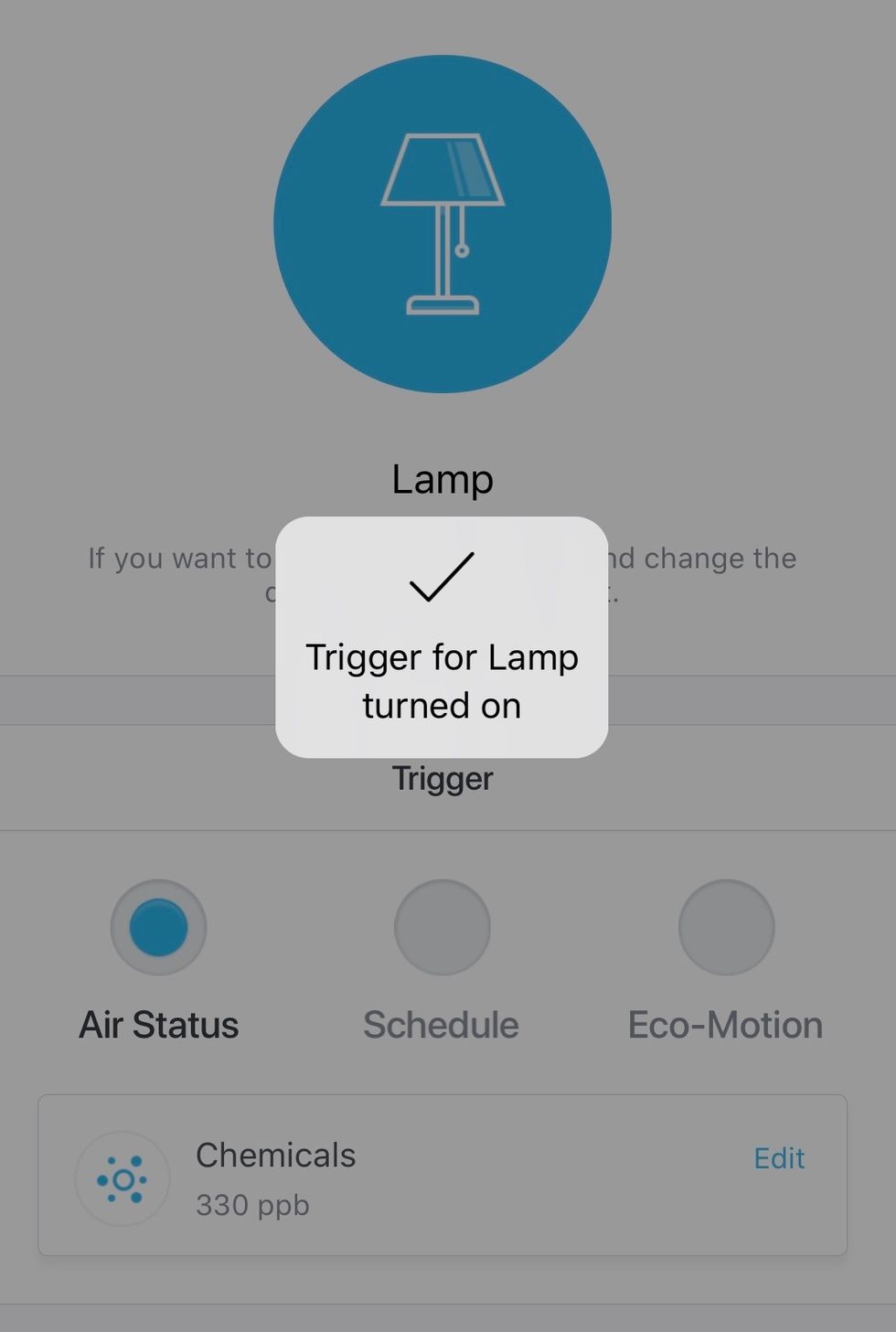 A screenshot showing an image of a lamp, and a check mark saying the trigger is turned on