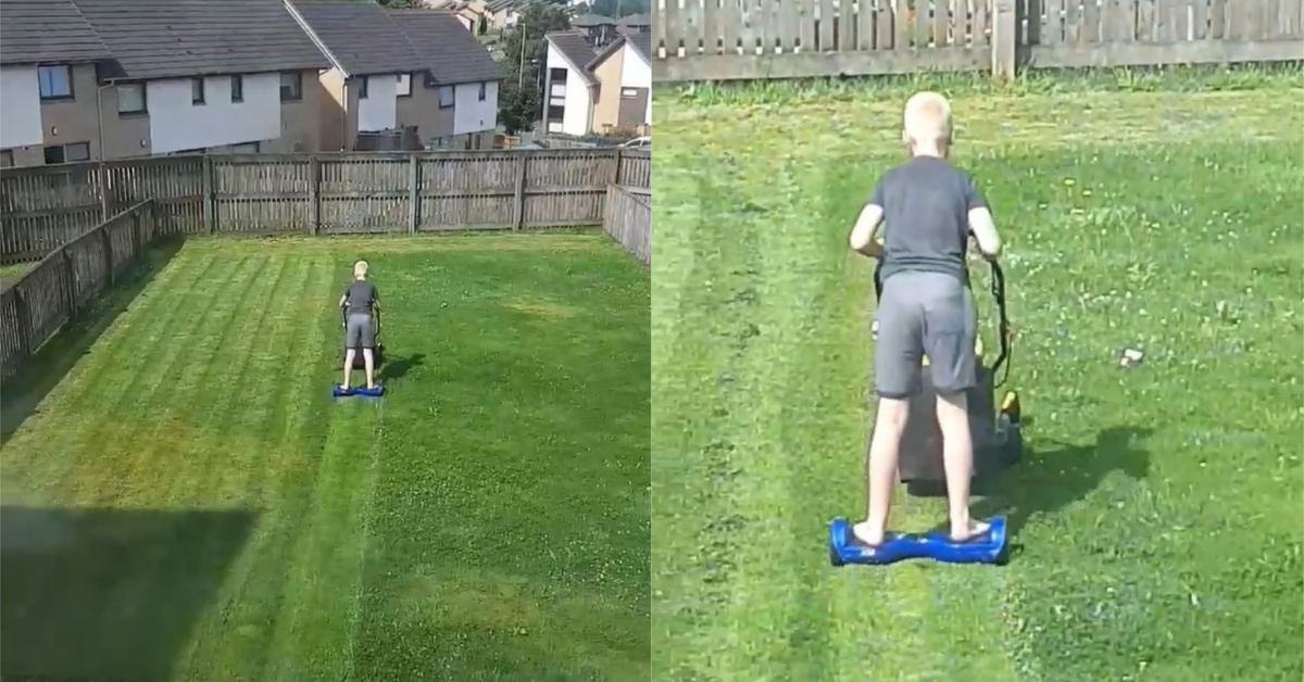Boy Goes Viral For His Creative Approach To Mowing The Lawn After Hurting His Leg