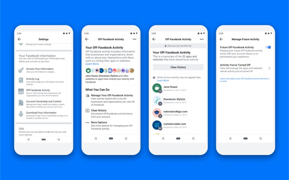 Screenshots of off-facebook activity deletion tool