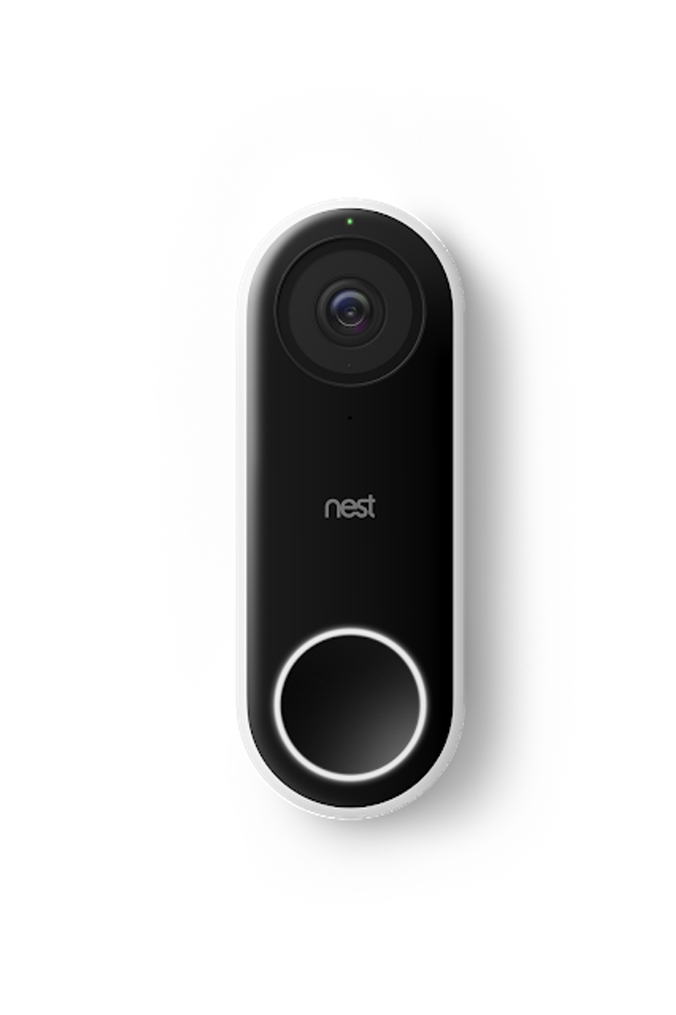 A video doorbell, in black, with a button at the bottom, and the word nest on it