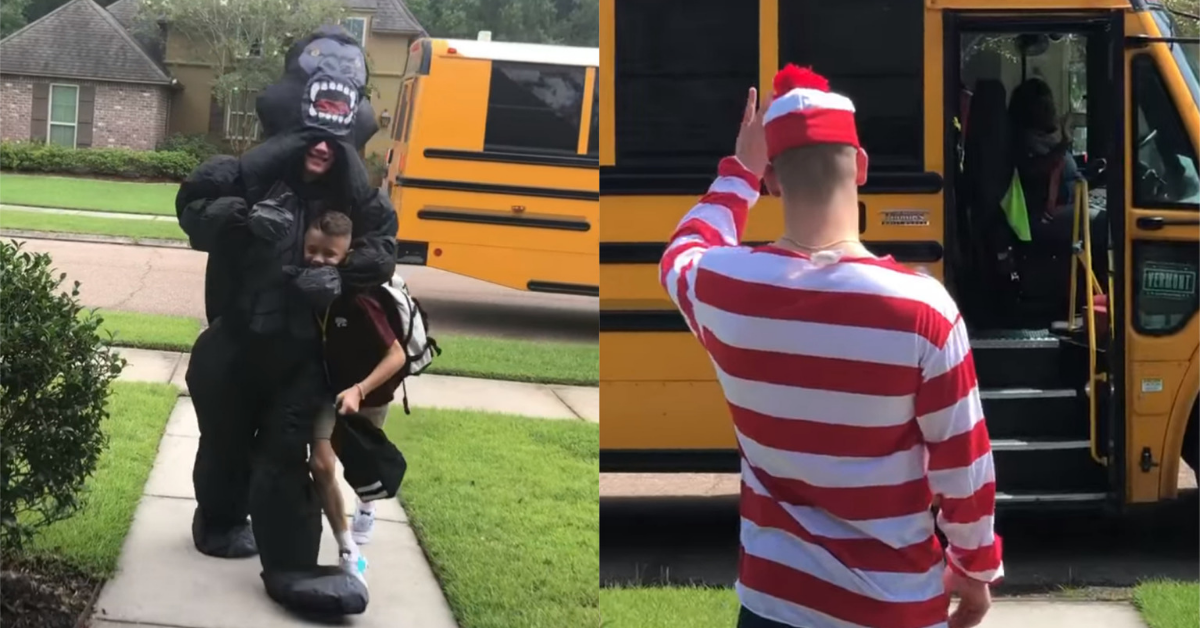 Teen Greets Little Brother Coming Home From School By Dressing Up In A Different Costume Every Day