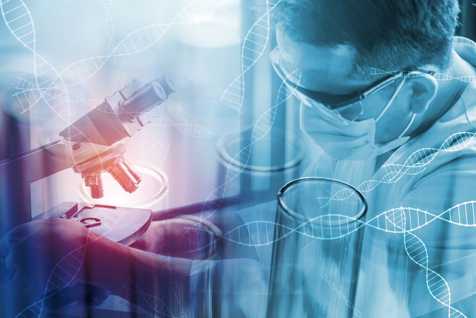 science-Digital Composite Image Of Male Scientist Experimenting In Laboratory