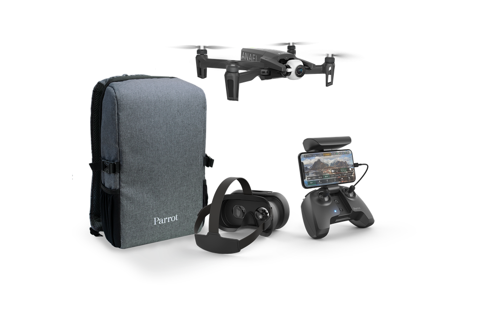 A stock shot of a drone, backpack, glasses and a controller against a white background