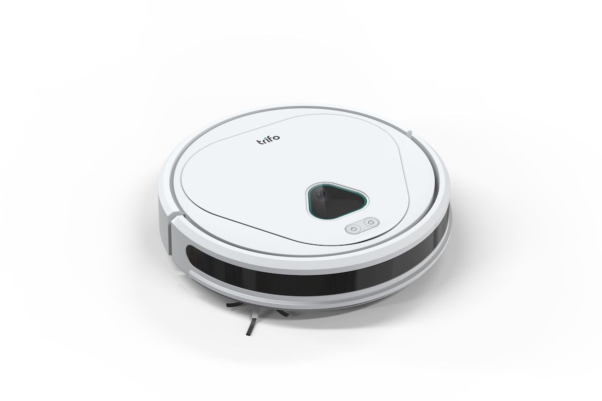 A white, round robot vacuum with a triangle window, and the word "trifo" on the top