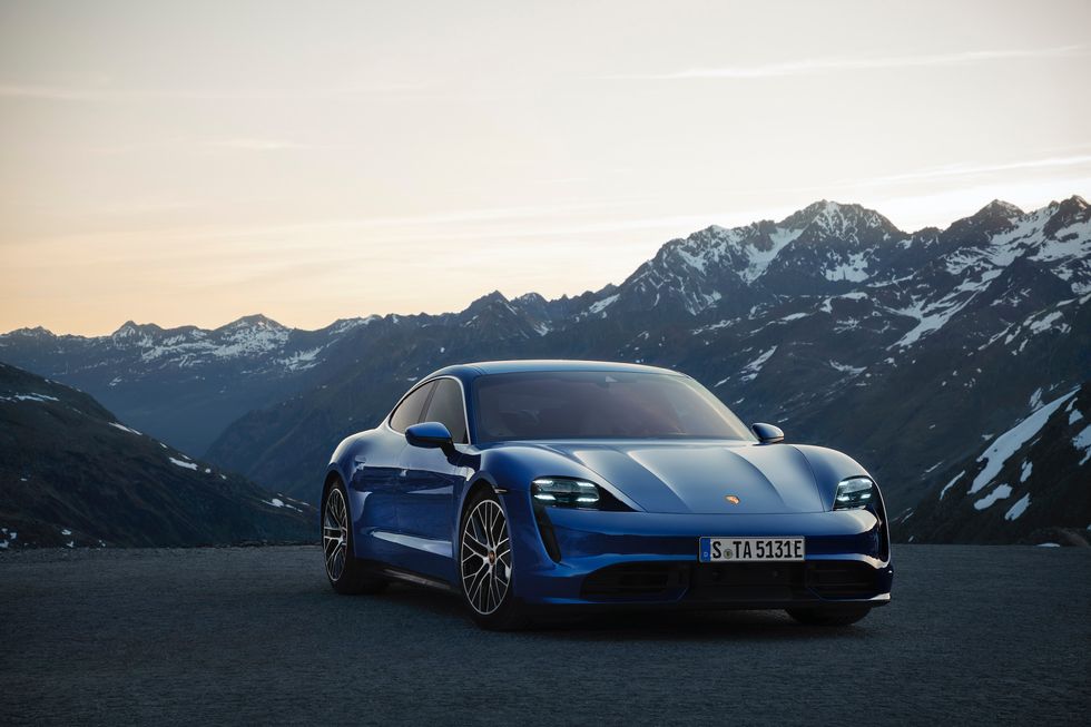 Photo of a blue Porsche Taycan EV