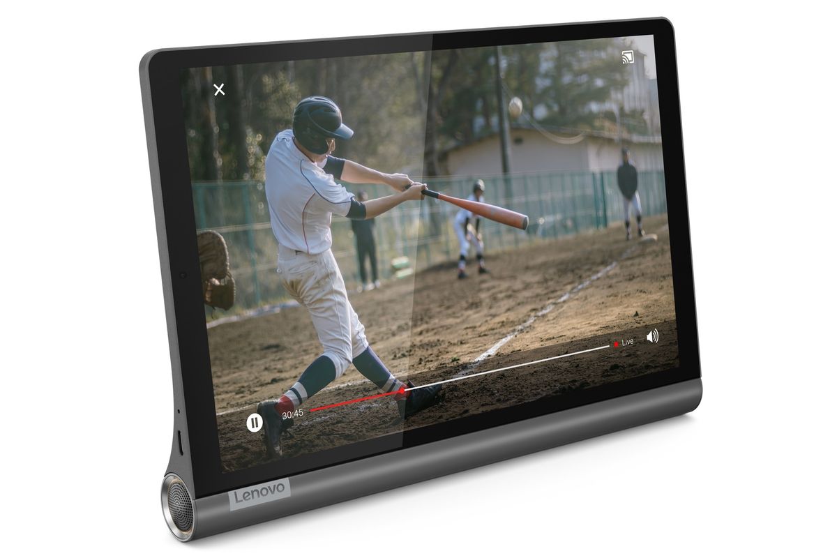 A tablet, in black, with a photo of a baseball player on the screen