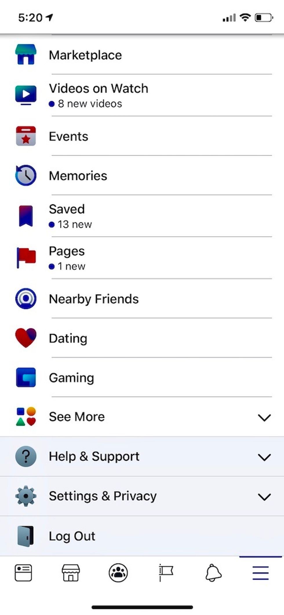 A screenshot from the Facebook app, showing the new Dating icon of a red and purple heart