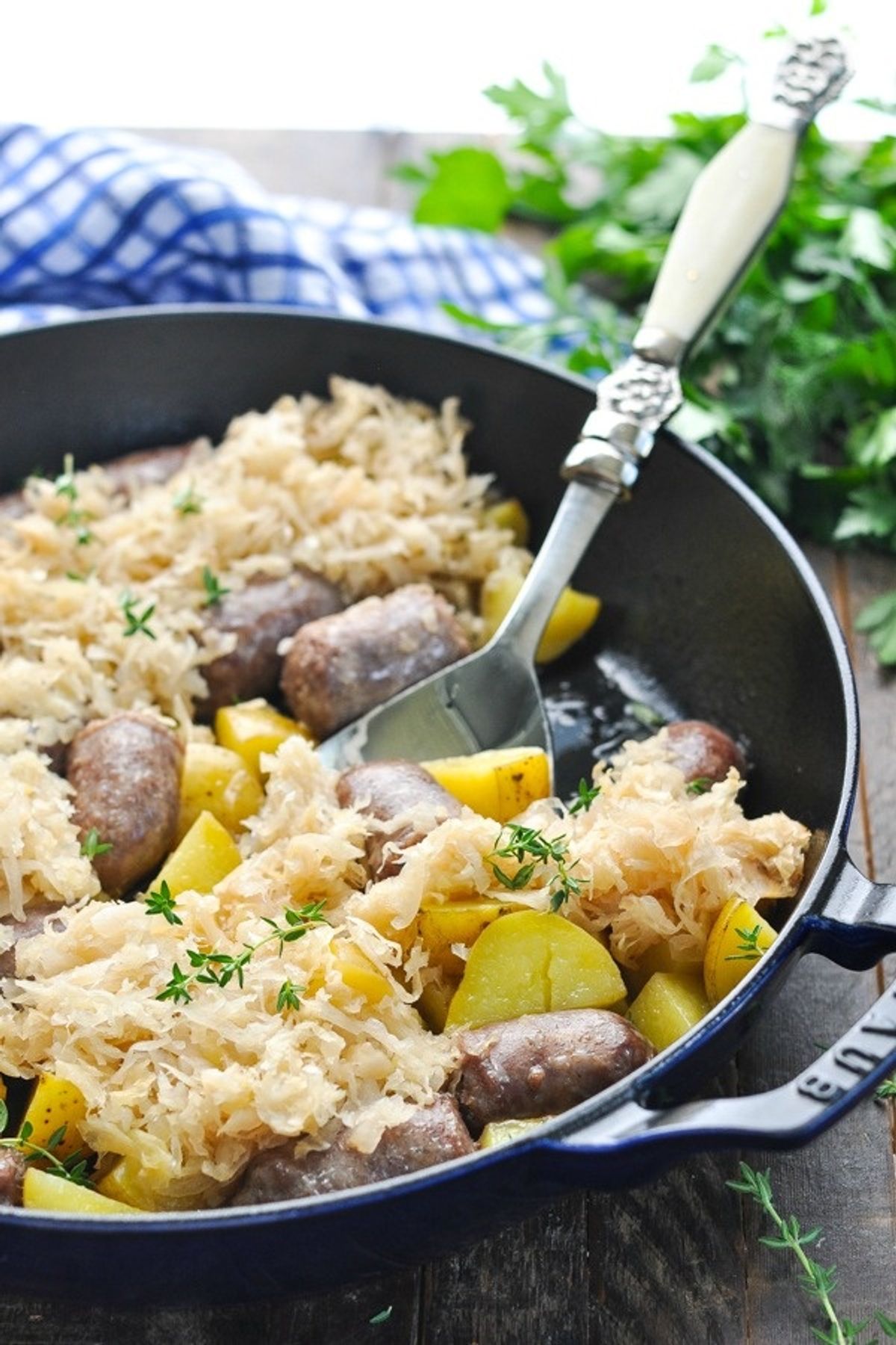 Dump-and-Bake Bratwurst with Potatoes and Sauerkraut - My Recipe Magic