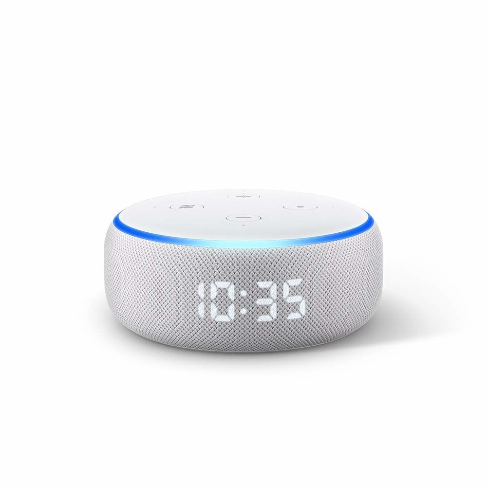 An Echo Dot with an LED time clock on it