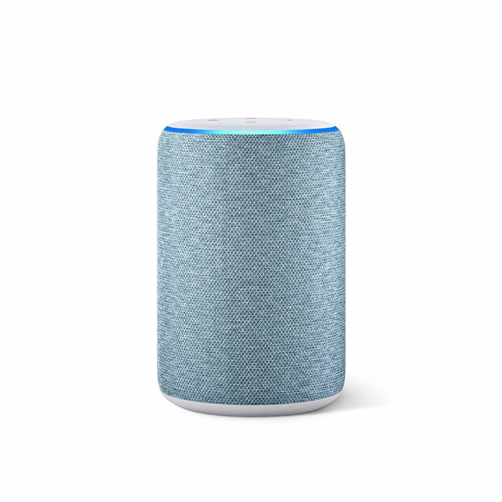 An Amazon Echo speaker wrapped in blue fabric
