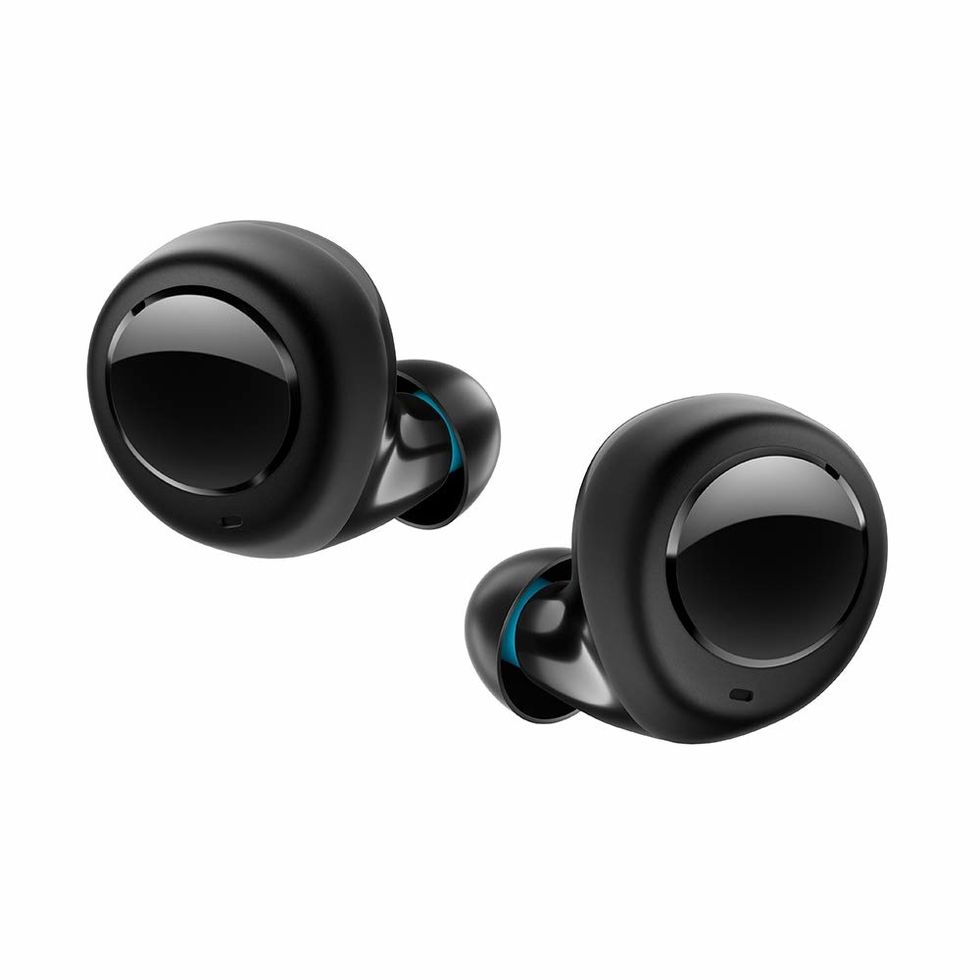 Two earbuds, the Echo Buds, in shiny black