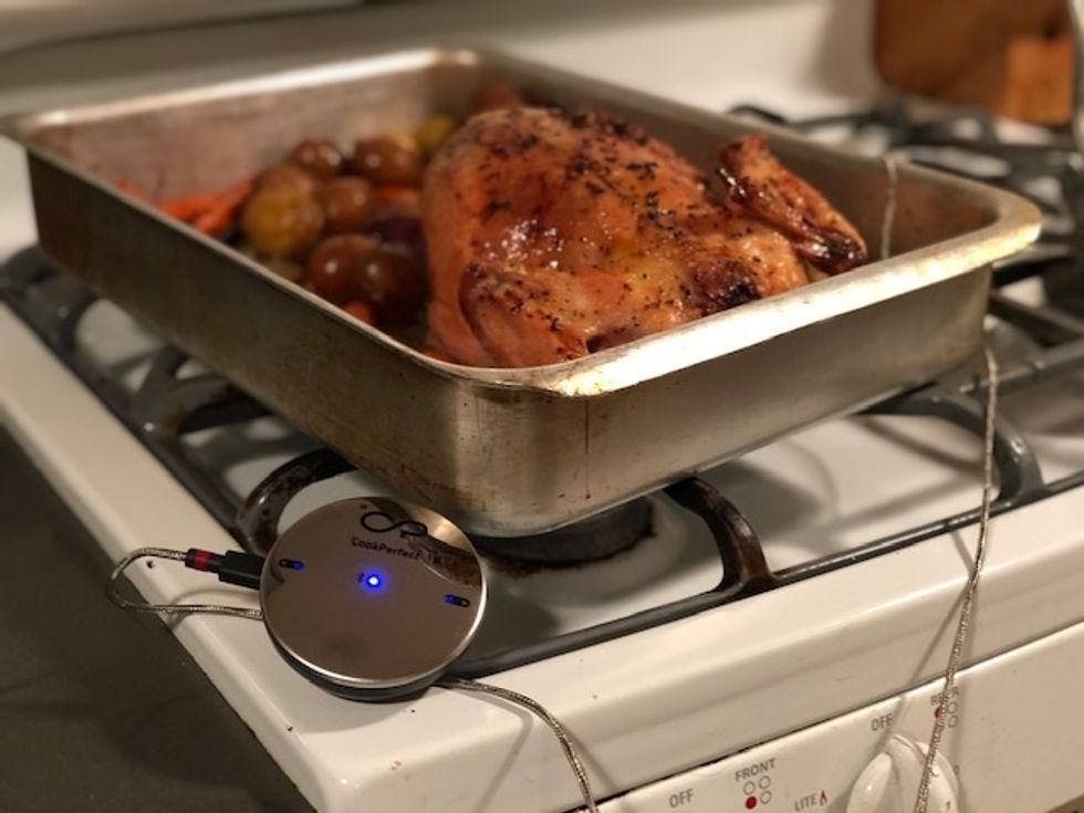 A golden roast chicken on top of the stove with the CookPerfect meat thermometer next to it