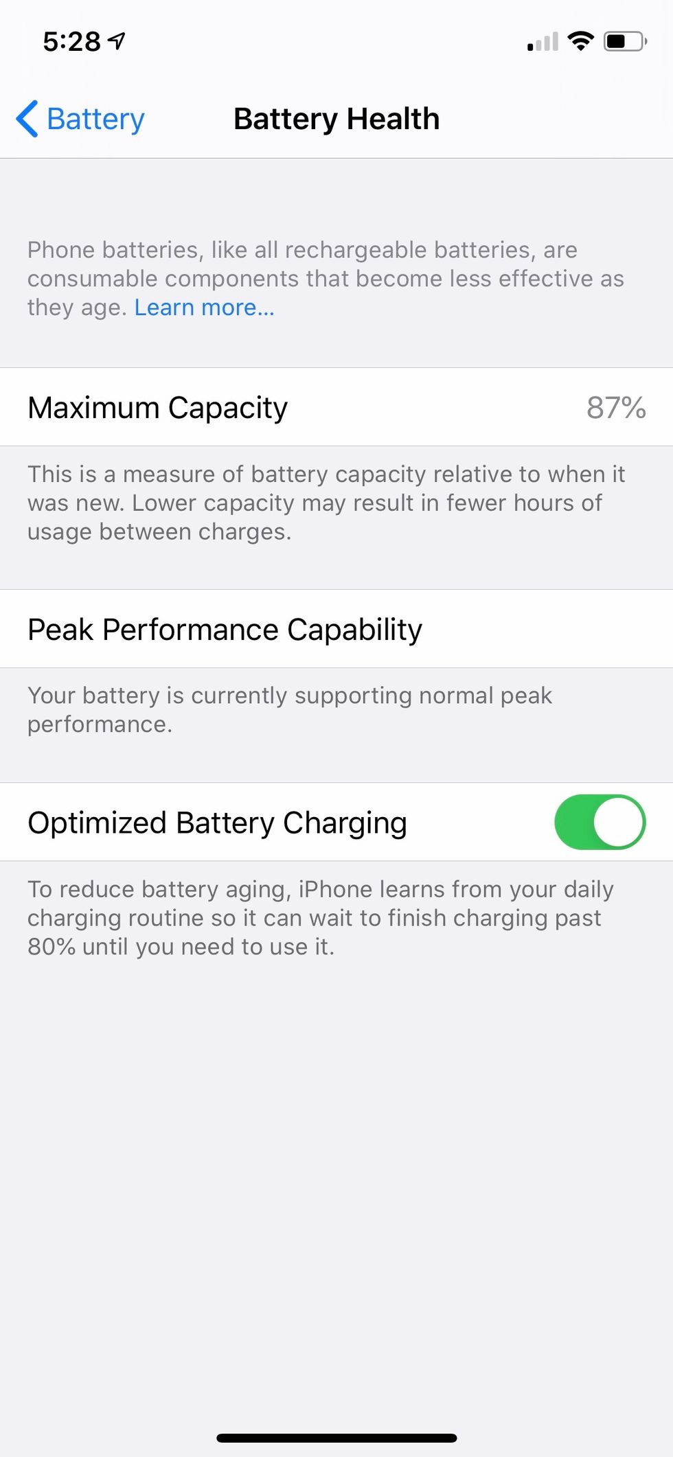 Battery health information in iOS 13