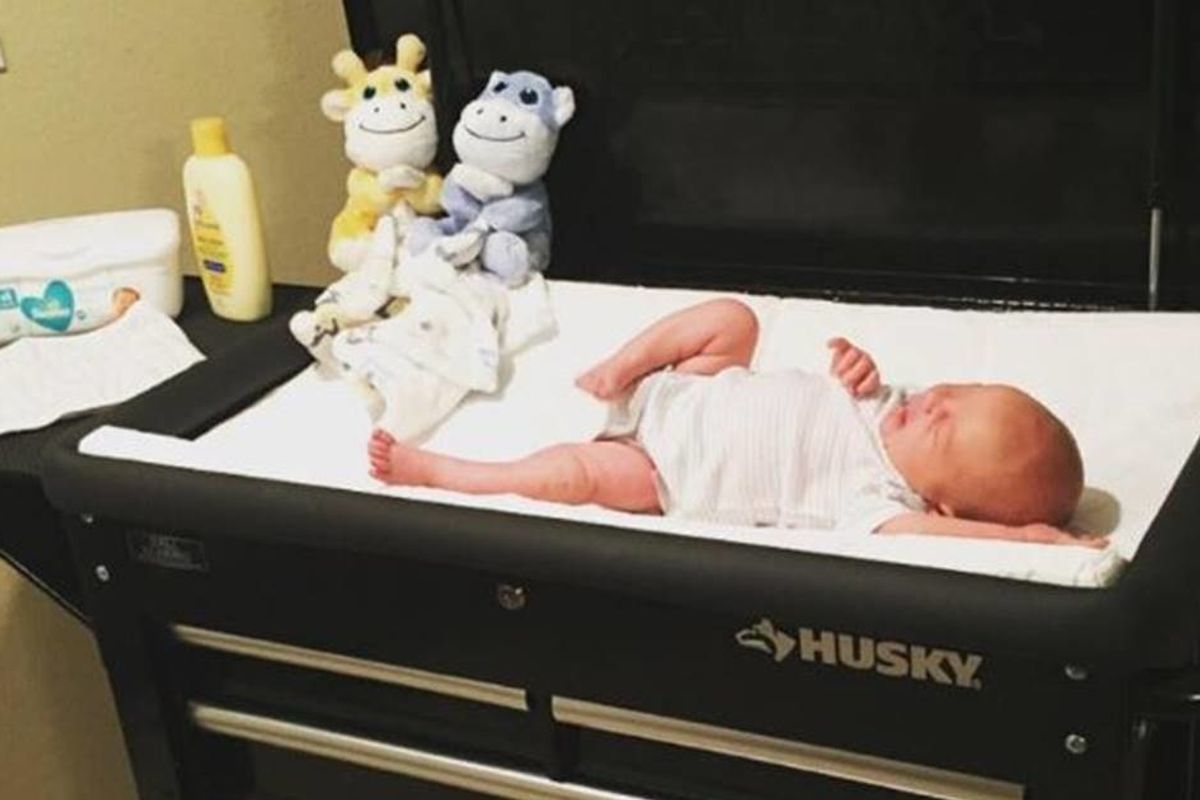 Mechanic dad had twins on the way so he created a brilliant 'out of the box' changing table