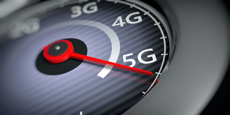 5G High speed network connection. Reaching 5g, speedometer closeup view. 3d illustration