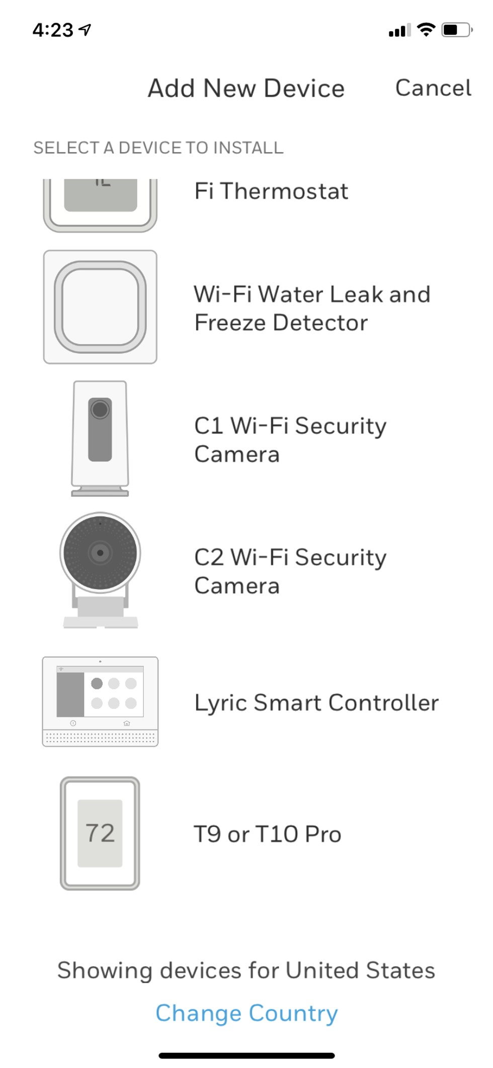 Screen shot of Honeywell Home Add a device screen for only Honeywell Home device.