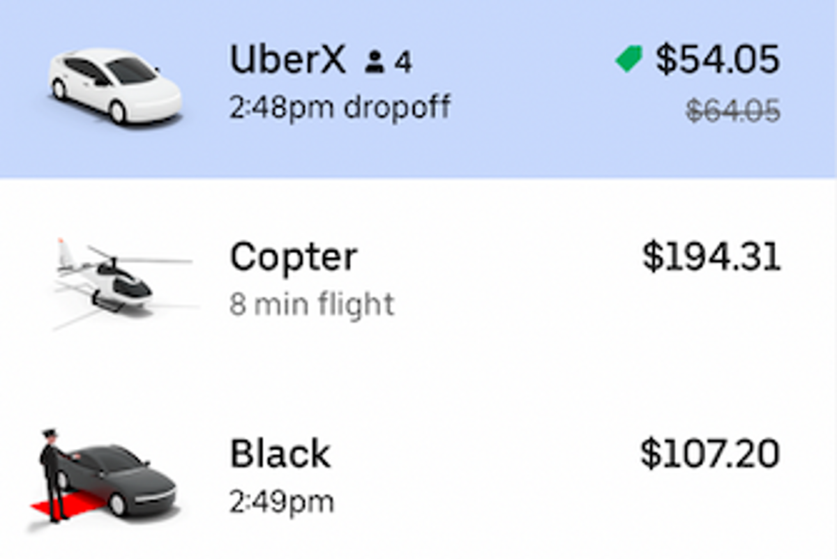 A screenshot showing the different prices for an Uber including an Uber Copter, UberX and a town car