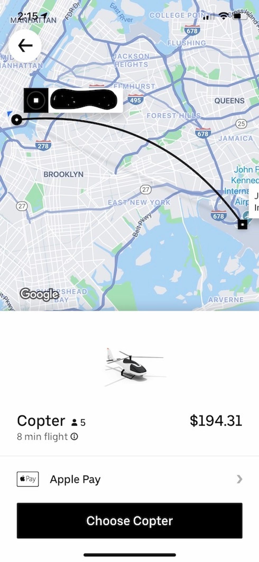 A screenshot in the Uber app for an Uber Copter ride