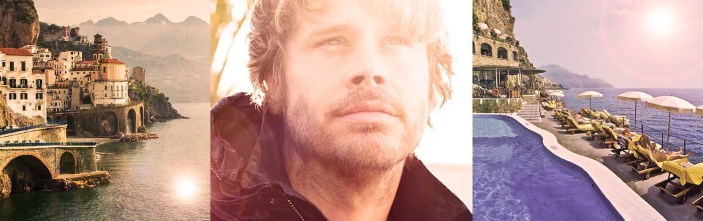 The Italian shore, Eric Christian Olsen, and the pool at the Hotel Santa Caterina.
