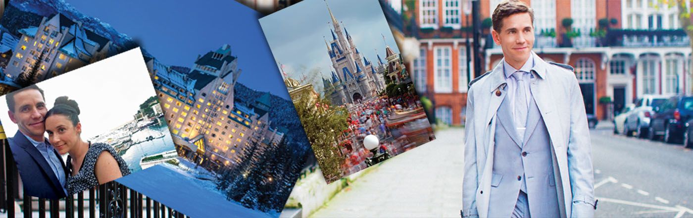 Brian Dietzen on the street with a collage of travel photos.