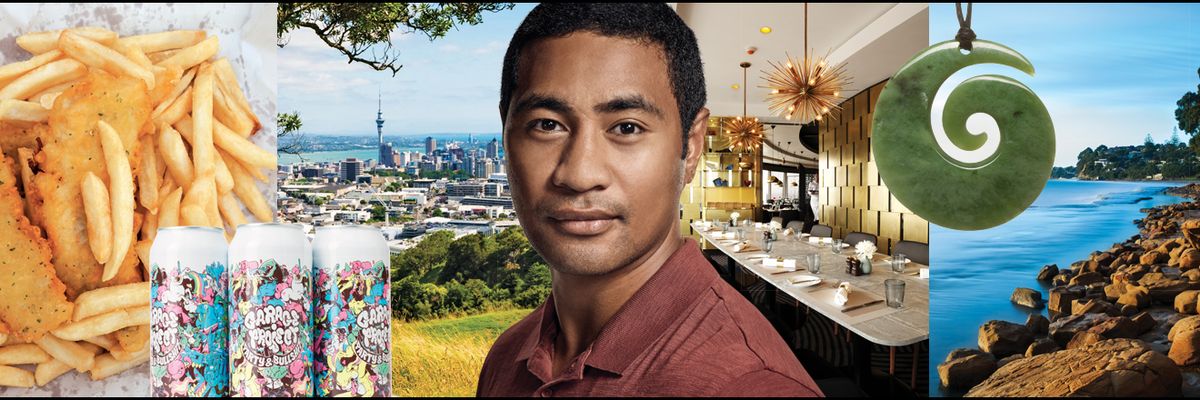 Beulah Koale atop a photo collage of his favorite Auckland things.