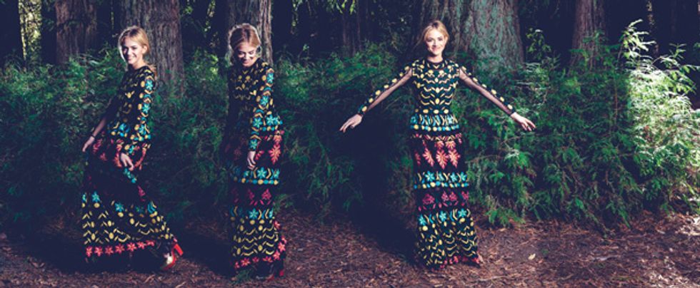 Three versions of actress Emily Wickersham in floral print dress amidst the treetrunks