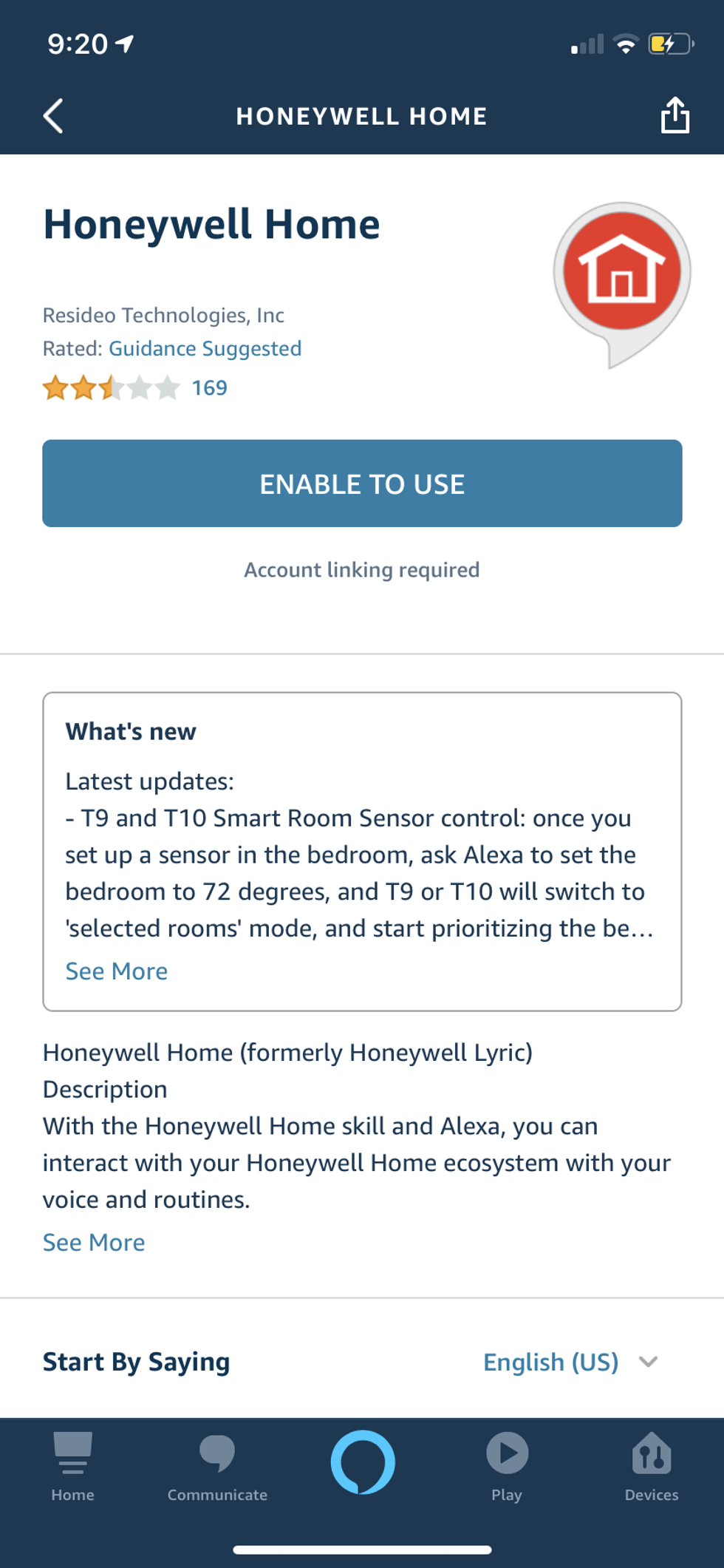 screenshot of alexa app enabling Honeywell Home.