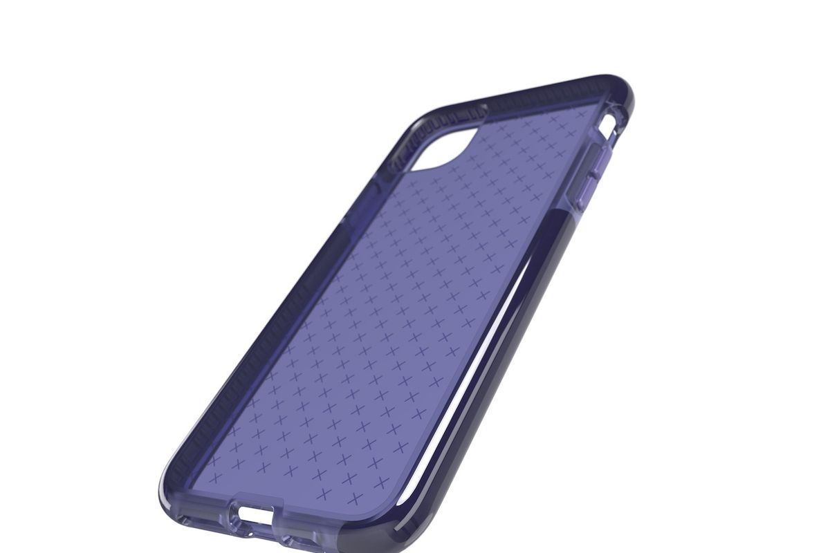 A clear, purplish-blue case with small cross marks along the back