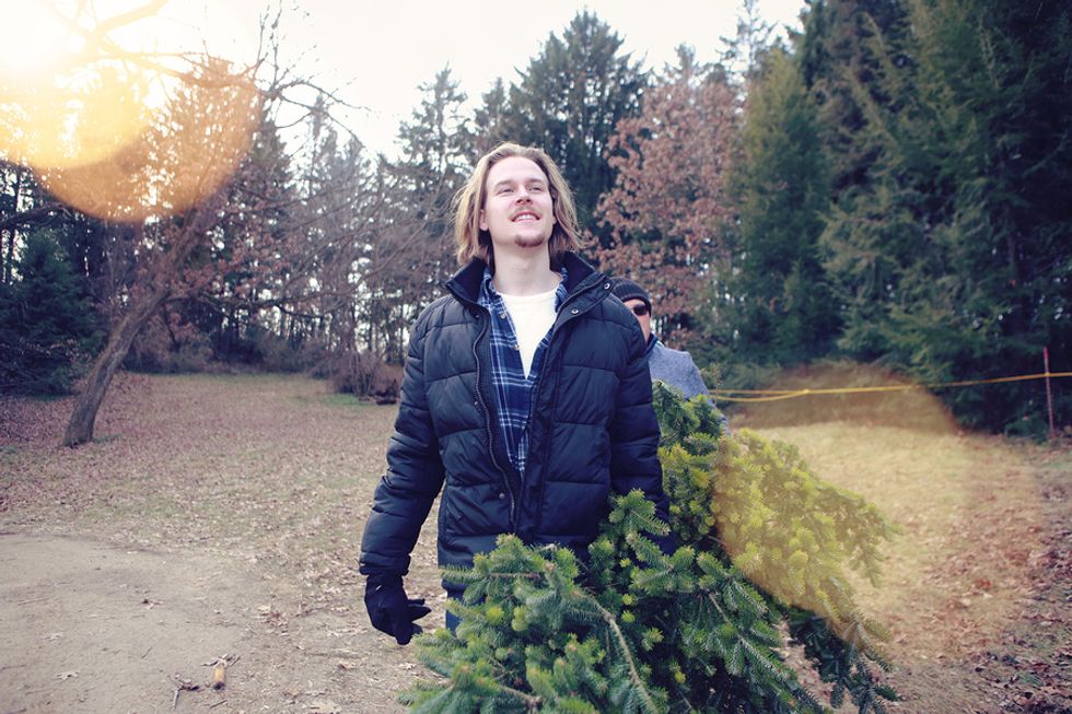 Young man works a seasonal job at a Christmas tree farm during the holiday season.