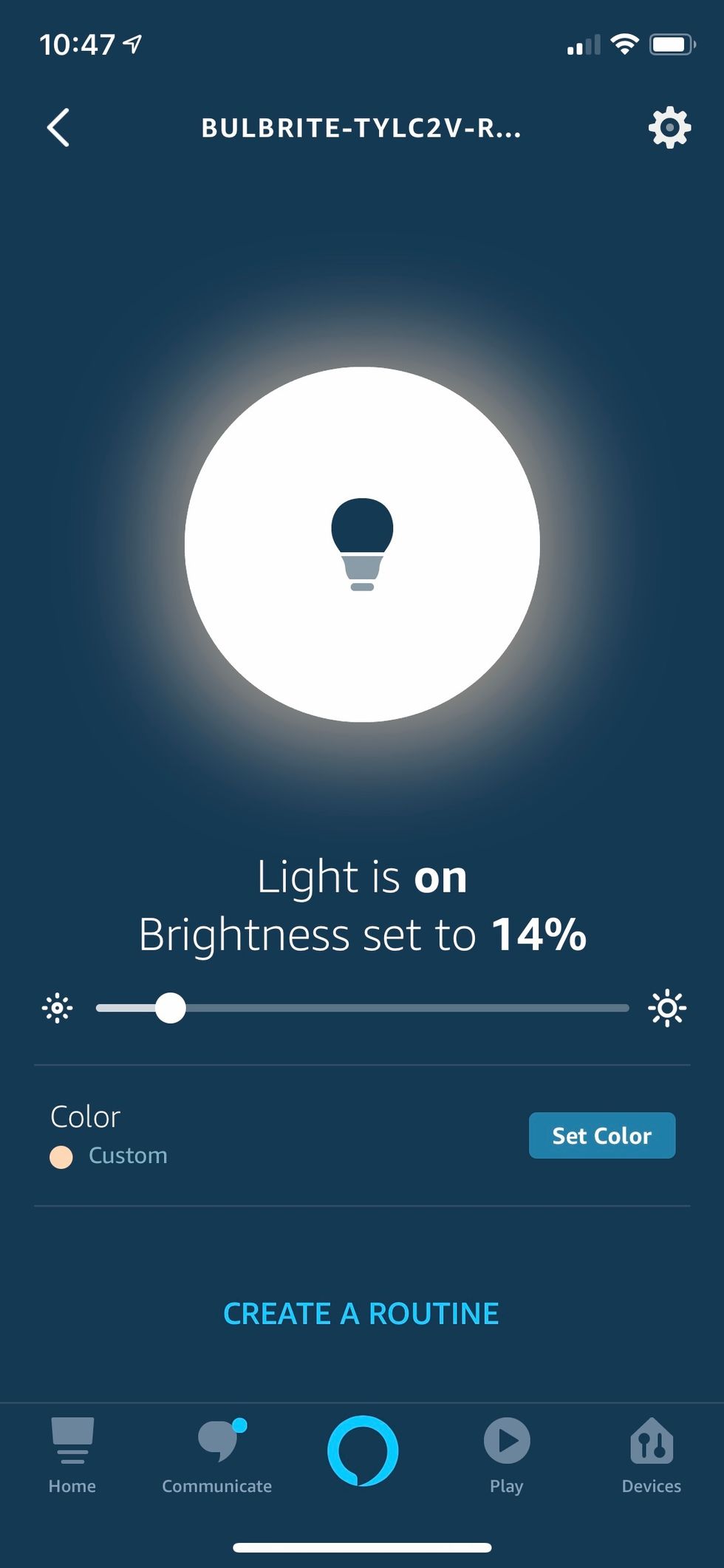 A screenshot of the Alexa app on an iPhone, showing controls over a Bulbrite light bulb