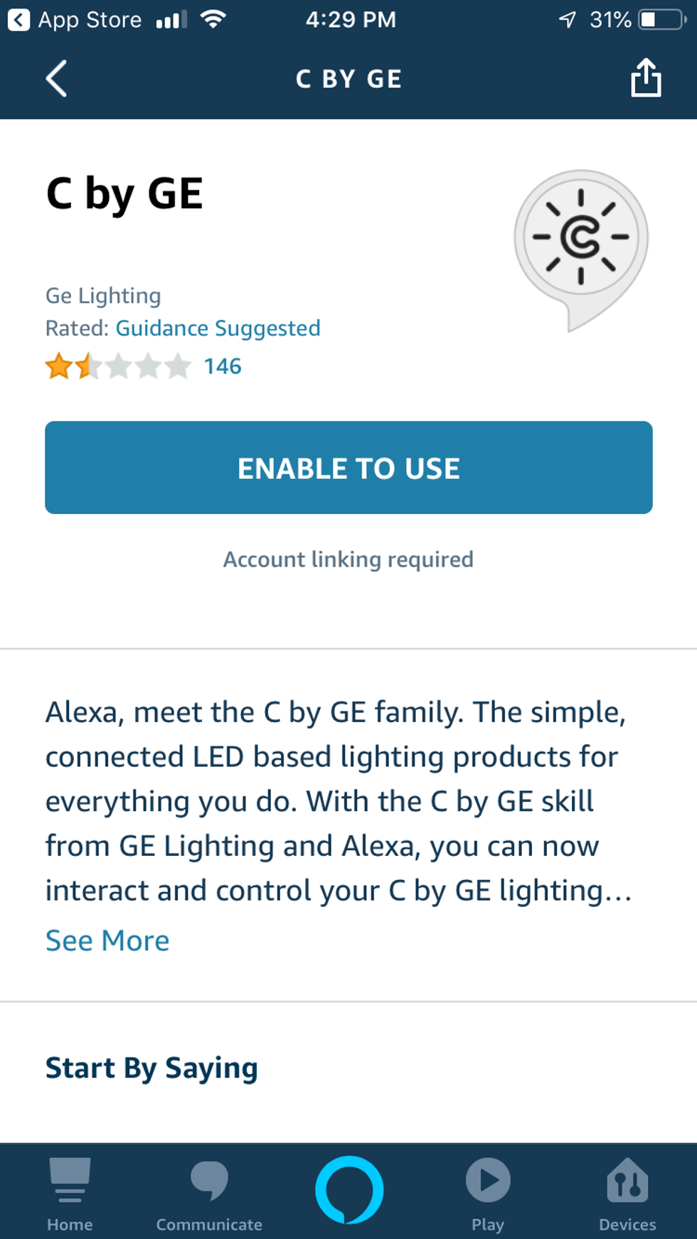 Screen shot of Alexa app enabling C by GE skills