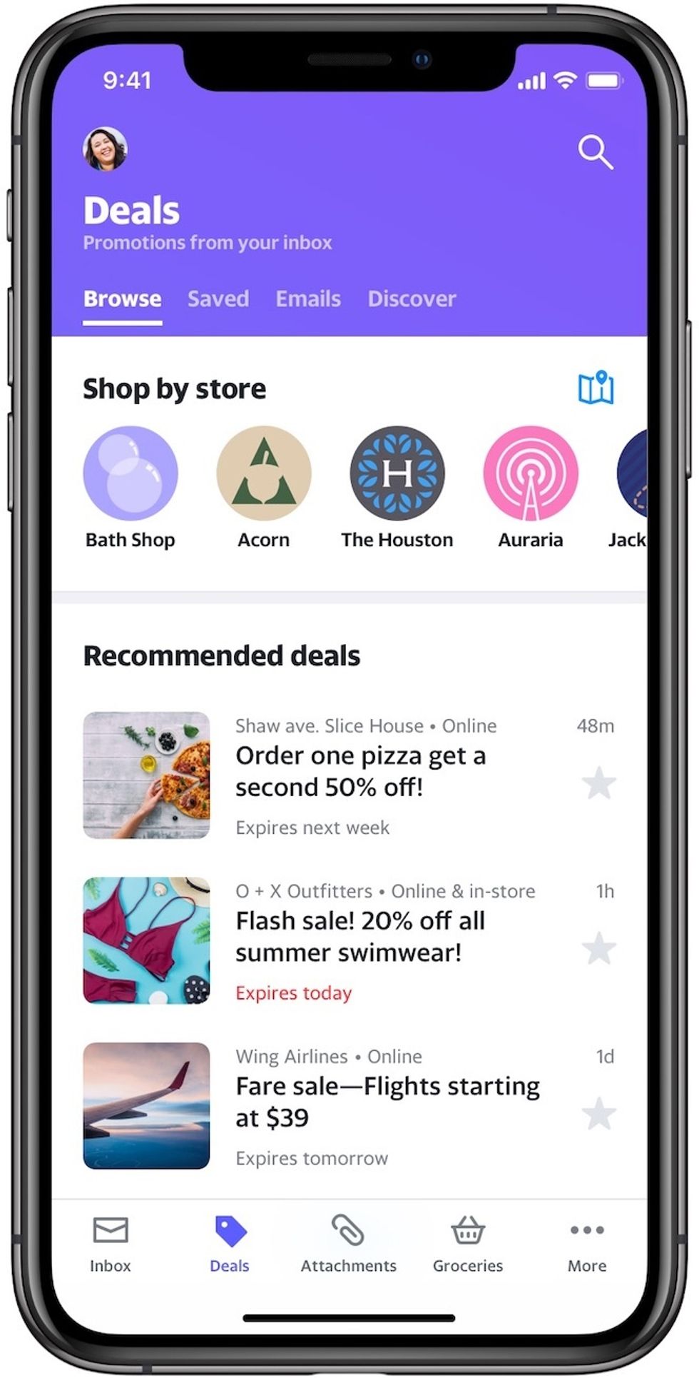 A screenshot of the new Yahoo Mail app with deals listed by brands and recommendations