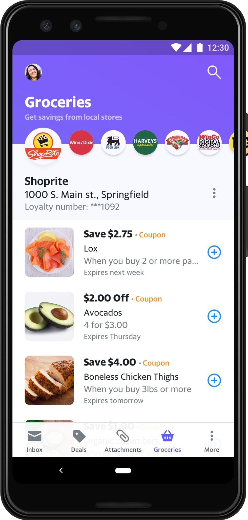 A screenshot of the Yahoo Mail app showing grocery deals