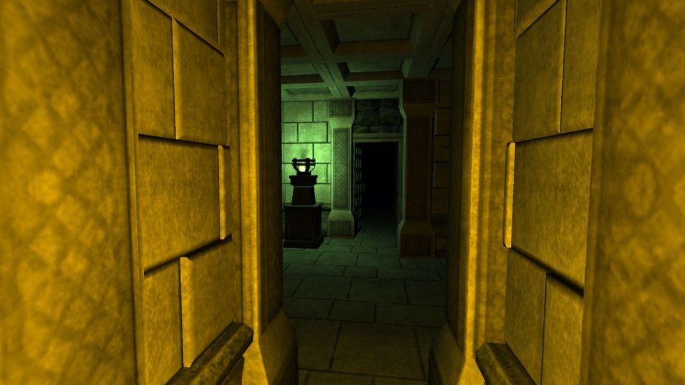 A dark hallway leading to a room, bathed in green light